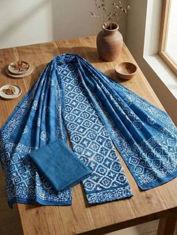 MEENA BAZAAR - Blue Geometric Cotton Unstitched Kurta with Pant and Dupatta