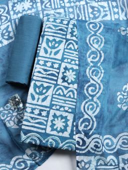MEENA BAZAAR - Blue Floral Cotton Unstitched Kurta with Pant and Dupatta