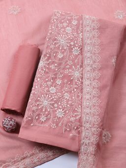 MEENA BAZAAR - Peach Embroidered Chanderi Unstitched Kurta with Pant and Dupatta