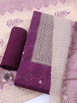 MEENA BAZAAR - Purple Embroidered Cotton Unstitched Kurta with Pant and Dupatta