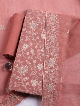 MEENA BAZAAR - Peach Embroidered Cotton Unstitched Kurta with Pant and Dupatta