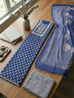 MEENA BAZAAR - Blue Floral Cotton Unstitched Kurta with Pant and Dupatta