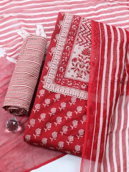 MEENA BAZAAR - Red Floral Cotton Unstitched Kurta with Pant and Dupatta