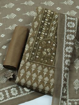 MEENA BAZAAR - Beige Printed Cotton Unstitched Kurta with Pant and Dupatta