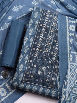 MEENA BAZAAR - Blue Printed Cotton Unstitched Kurta with Pant and Dupatta