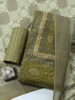 MEENA BAZAAR - Green Printed Cotton Unstitched Kurta with Pant and Dupatta
