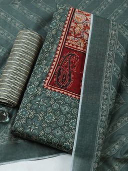 MEENA BAZAAR - Green Floral Cotton Unstitched Kurta with Pant and Dupatta