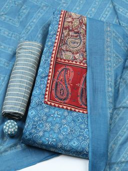MEENA BAZAAR - Blue Floral Cotton Unstitched Kurta with Pant and Dupatta