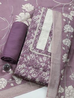 MEENA BAZAAR - Lavender Floral Cotton Unstitched Kurta with Pant and Dupatta