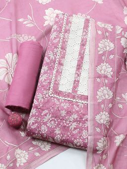 MEENA BAZAAR - Pink Floral Cotton Unstitched Kurta with Pant and Dupatta