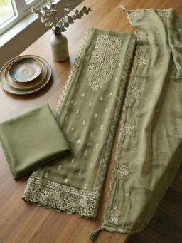 MEENA BAZAAR - Green Embroidered Art Silk Unstitched Kurta with Pant and Dupatta