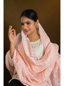 Shwet Heritage - Pastel Hues Peach Chikankari Cotton Dupatta