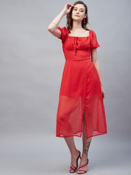 RARE - Women Casual Red Color Midi Solid Dress