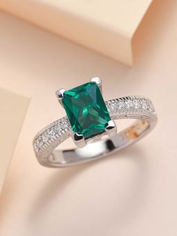 Ornate Jewels - 925 Sterling Silver Green Emerald and American Diamond Solitaire Ring for Women Girls