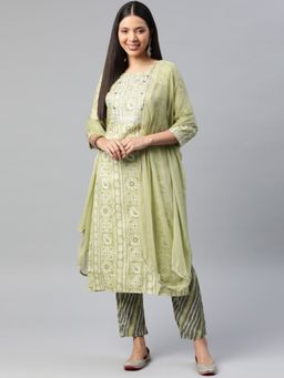Readiprint - Straight Style Rayon Fabric Green Kurta (Set of 3)
