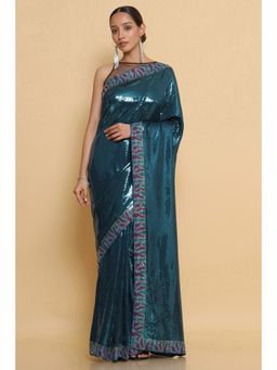 Soch - Women Teal Embellished & Sequined Saree with Unstitched Blouse