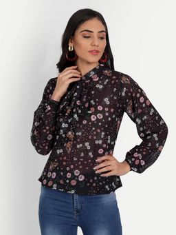 Masakali.Co - Black Red Floral Printed Mandarin Collar Georgette Shirt Style Top
