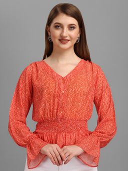 Masakali.Co - Orange Print Georgette Cinched Waist Top