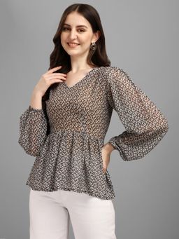 Masakali.Co - Multi-Color Geometric Print Bishop Sleeves Georgette Cinched Waist Top