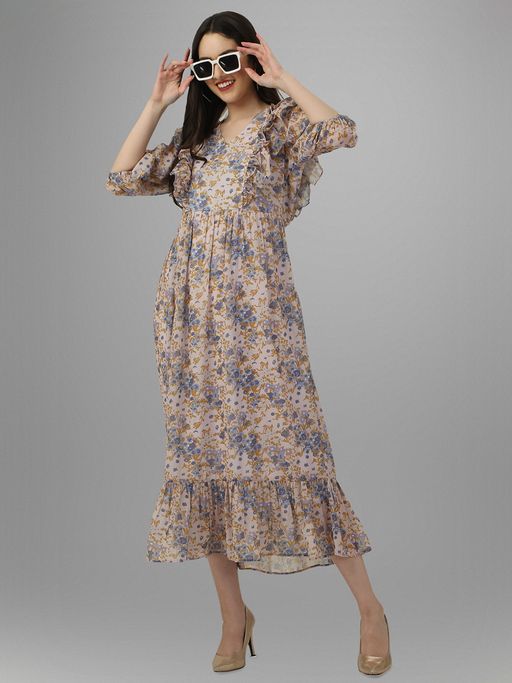 slim fit dress slacks Buy Janasya Women's Blue Georgette Printed Flared Western Dress Online At  Low Prices main image 0