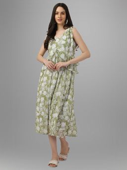 Masakali.Co - Womens Green, Fabric, V-Neck, Sleeveless, Floral Flared Western Midi Dress