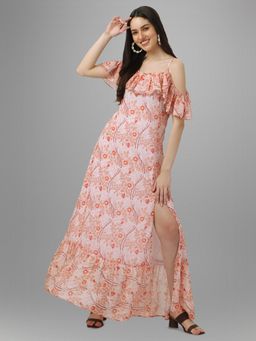 Masakali.Co - Womens Peach Floral Printed Shoulder Strap Side Slit Maxi Dress