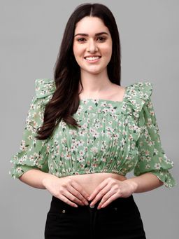 Masakali.Co - Green Floral Print Georgette Styled Back Crop Top