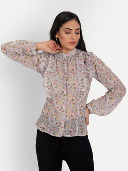 Masakali.Co - Grey Floral Print Georgette Shirt Style Top