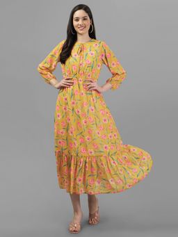 Masakali.Co - Floral Tie-Up Neck Puff Sleeves Georgette A-Line Midi Dress