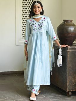 Lavanya The Label - Powder Blue Embroidered Anarkali (Set of 3)