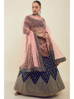 Soch - Women Blue Velvet Unstiched Lehenga with Chevron Embroidery and Sequins (Set of 3)