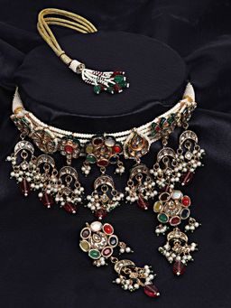 Auraa Trends - 22KT Gold-Plated Kundan Studded Beaded Jewellery Set