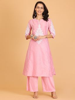 Kaanchie Nanggia - Pink Embroidered Cotton Silk Flayred Kurta And Palazzo (Set of 2)