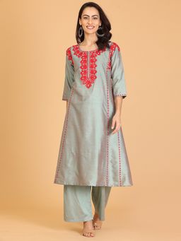 Kaanchie Nanggia - Grey Embroidered Cotton Silk Flayred Kurta And Palazzo (Set of 2)