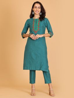 Kaanchie Nanggia - Green Embroidered A-line Kurta With Pant (Set of 2)