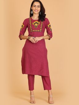 Kaanchie Nanggia - Red Embroidered A-line Kurta With Pant (Set of 2)