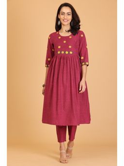 Kaanchie Nanggia - Red Embroidered Flayred Kurta With Pant (Set of 2)