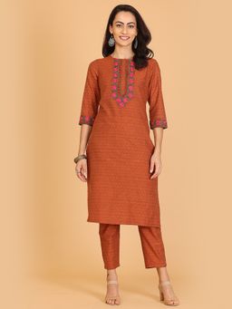 Kaanchie Nanggia - Brown Embroidered A-line Kurta With Pant (Set of 2)