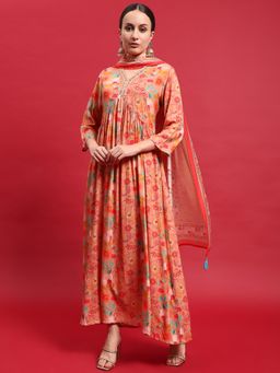 Shree - Women Liva Peach Floral Maxi Dress with Dupatta (Set of 2)