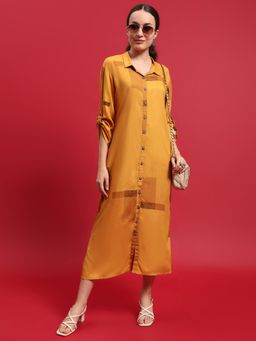 Shree - Women Liva Mustard Geometric Midi Dress
