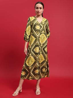Shree - Women Liva Olive Printed Midi Dress
