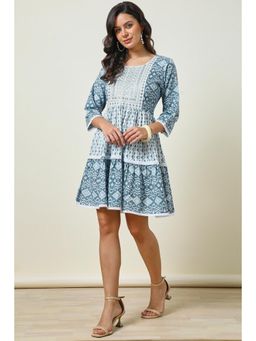 Soch - Women Blue Cotton Ikat Printed Mini Dress with Sequins Work