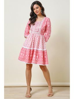 Soch - Women Pink Cotton Ikat Printed Mini Dress with Sequins Work