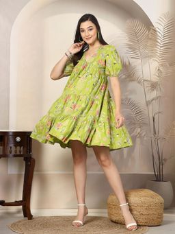 Stylum - Green Rayon Floral Printed Knee Length Dress
