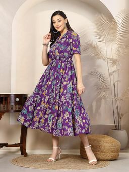 Stylum - Purple Rayon Floral Printed Midi Dress with Belt (Set of 2)
