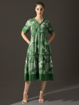 Dora Dori - Green Printed A-Line Pure Cotton V-Neck Thread Work Midi Dress