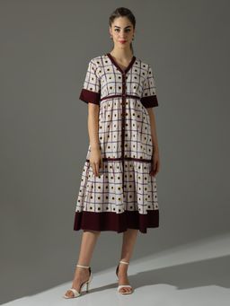 Dora Dori - White Printed A-Line Pure Cotton V-Neck Thread Work Midi Dress