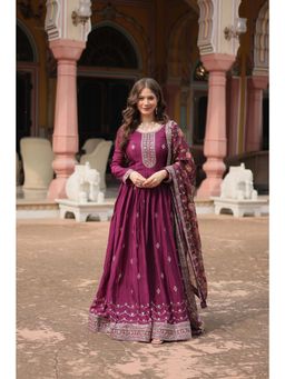 JATRIQQ - Wine Chinon with Rich Sequins Embroidered Work Gown with Dupatta (Set of 2)