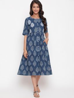 SAVI - Navy Blue Cotton Printed Midi Dress