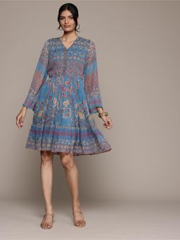 Aarke Ritu Kumar - Women Blue Elaxi Floral Printed Knee Length Dress